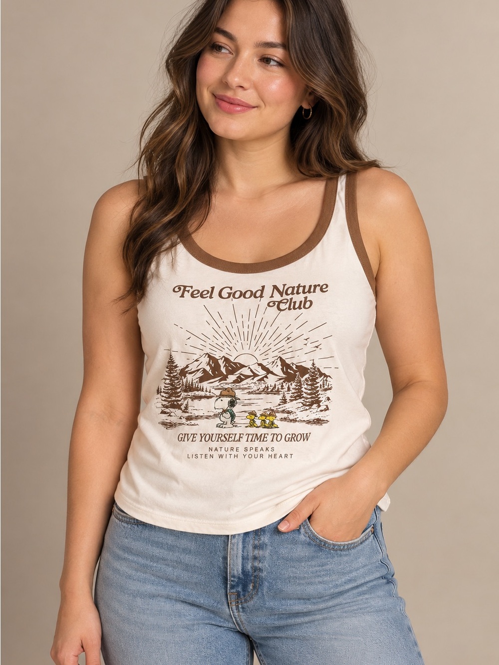 Peanuts Cream Tank Top with Brown Trim and Graphic